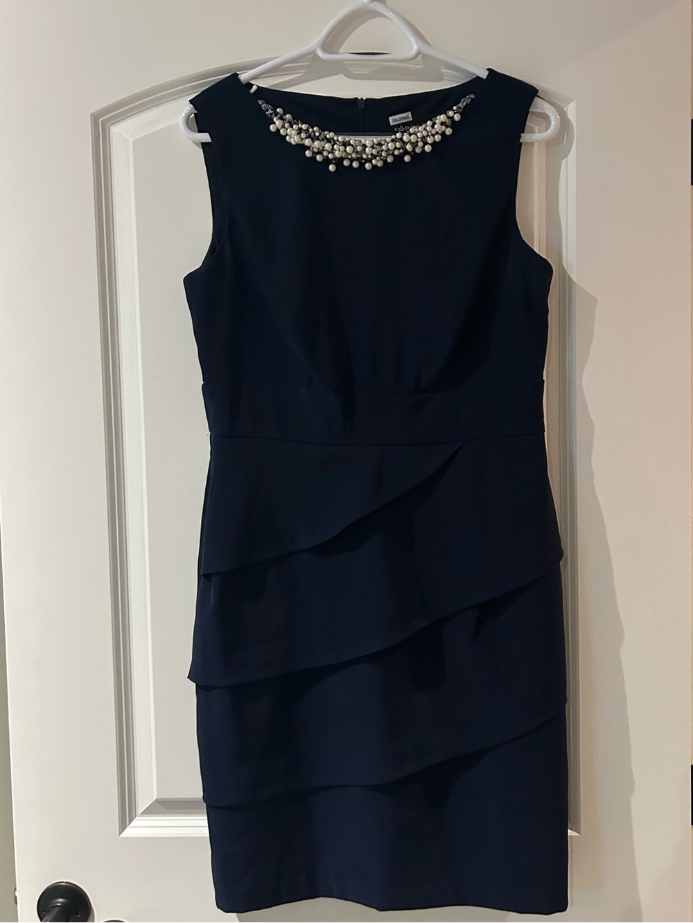 connected apparel Navy Knee Length Sheath Dress with Pearl Neckline